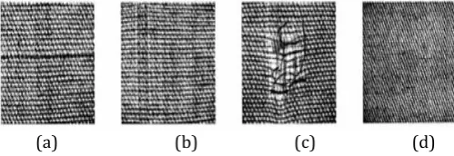 Fig -1:  fabric defect samples: (a) double yarn; (b) missing yarn; (c) broken yarn; (d) variation of yarn  