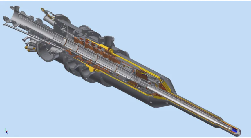 Figure 3: Cut view (technical drawing) of the new horizontal 3He/4He dilution refrigerator