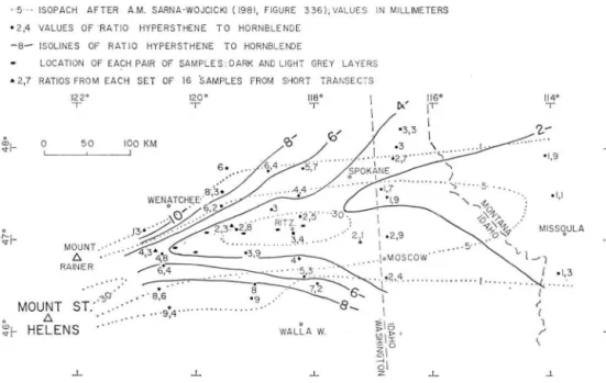 Fig. 2: Variation of ratio hypersthene/hornblende in the lobe of the May 18 eruption  of Mount St