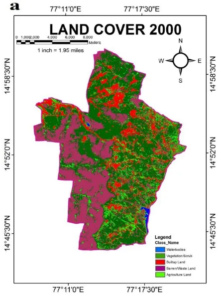 Figure 2. Land use/cover status of the Uravakonda; (a) in 2000, (b) in 2010 (based on Landsat Thematic Mapper Satellite Imagery)