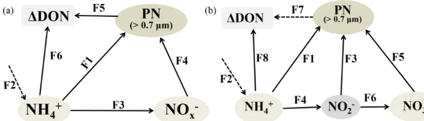 Figure 1. Model schemes with the most fundamental nitrogen transformation processes in (a) low- and (b) high-nutrient aquatic environ-ments