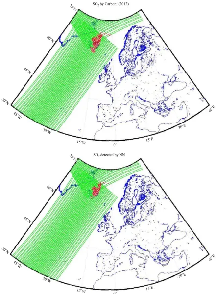 Figure 3. Comparison between SO2 retrieved by Carboni [22] (top) and SO2 map from ANN classifier (bottom) for Grímsvötn May 22, 2011, 12:00 UTC