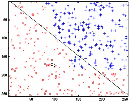 Figure 4.2: Binary Classification Problem: Class Centers and Selected Initial Border  Features Depicted as Circles, and the Initial Border Line between Classes when the 