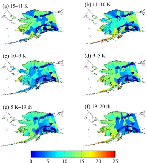 Figure 8. Peatland area expansion and peat soil C accumulation per1000 years (kg C m−2 kyr−1) during (a) 15–11 ka, (b) 11–10 ka,(c) 10–9 ka, (d) 9–5 ka, (e) 5 ka–1900 AD, and (f) 1900–2000 AD.The amount of C represents the C accumulation as the differenceb