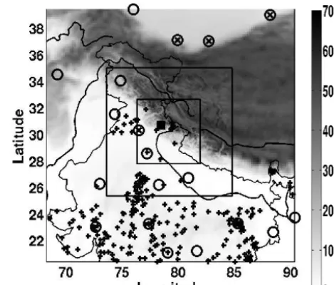 Figure 1. Terrain for simulation of the cloudburst over Uttarkashi.The three boxes are the three nested domains