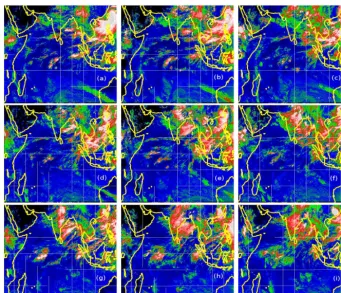 Figure 3. Meteosat-7 image of the clouds during 1 August (a, b, and c), 2 August (d, e, and f), and 3 August 2012 (g, h, and i) at 06:00,12:00, and 18:00 UTC.