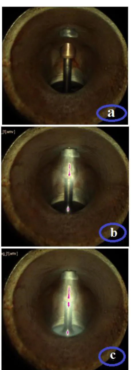 Figure 5 Photographic view of Spray Visualization (a) without fuel spray (b) with fuel spray (c) fuel spray ending  