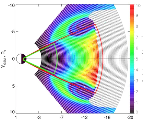 Figure 3. Ionospheric mapping of equatorial geocentric circlearcs (equatorial distance is labeled for selected circles)