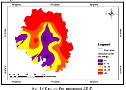 Fig. 11, show the IDW pre monsoon of year 2010. The  major area have groundwater level in between 15-20 meter below ground-level (mbgl) and are shown with light orange colour while lesser area came under 5-10 mbgl are shown with blue