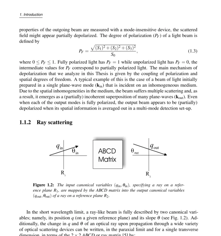Figure 1.2: The input canonical variables (q in ,θ in ), specifying a ray on a refer- refer-ence plane R 1 , are mapped by the ABCD matrix into the output canonical variables (q out ,θ out ) of a ray on a reference plane R 2 .