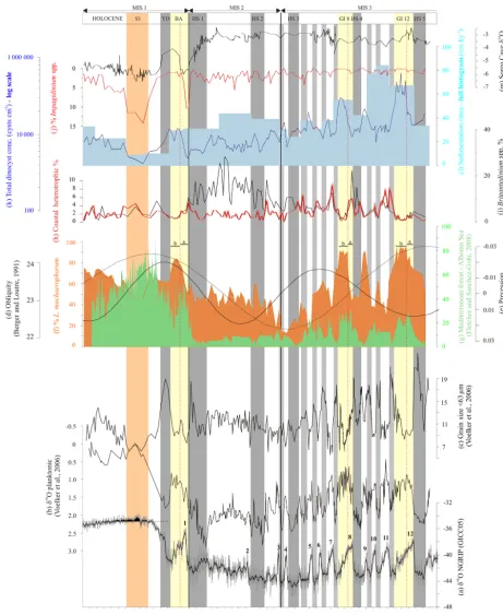 Figure 7. Greenland δ18O data (a) in parallel with data from core MD99-2339: planktonic δ18O (b) and mean grain size < 63 µm (c), overthe last 50 ky