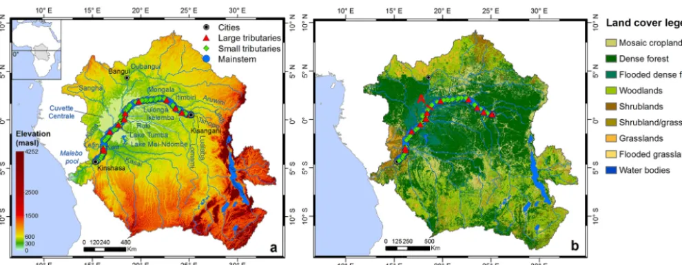 Figure 2. Average freshwater discharge of the Congo River, as wellas corresponding water height at the gauging station at (a) Kisan-gani for the period 2013–2016 and (b) Kinshasa for the period2003–2013
