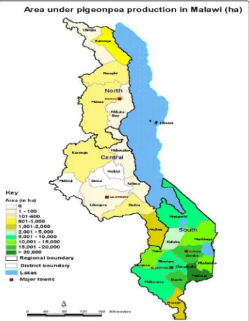 Fig. 1 Map of Malawi showing distribution and area under pigeonpea production