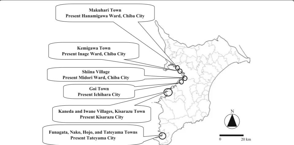 Fig. 3 Numbers of sake breweries in 1925 and locations of sake breweries in 2012. Light gray lines indicate municipal boundaries in 2017