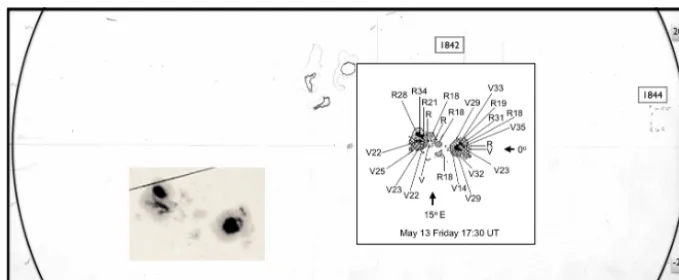 Figure 1. Mount Wilson drawing of active regions occurring on 13 May 1921 at 17:30 UT and to the left, a white-light observation by RoyalGreenwich Observatory (RGO) at 09:55 UT.