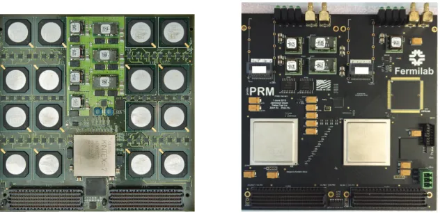 Figure 2. Left: INFN pattern recognition mezzanine board. Right: FNAL pattern recognition mezzanine board.