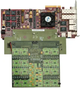 Figure 3. PRM test stand. Top: the HTG Virtex-6 evaluation board;middle: the adapter card, bottom: the INFN PRM.