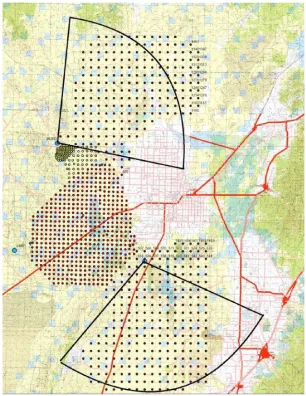 Figure 8. Map showing the Telescope Array expansion, TAx4. The main Telescope Array with 1.2 km spacingis shown as the red points