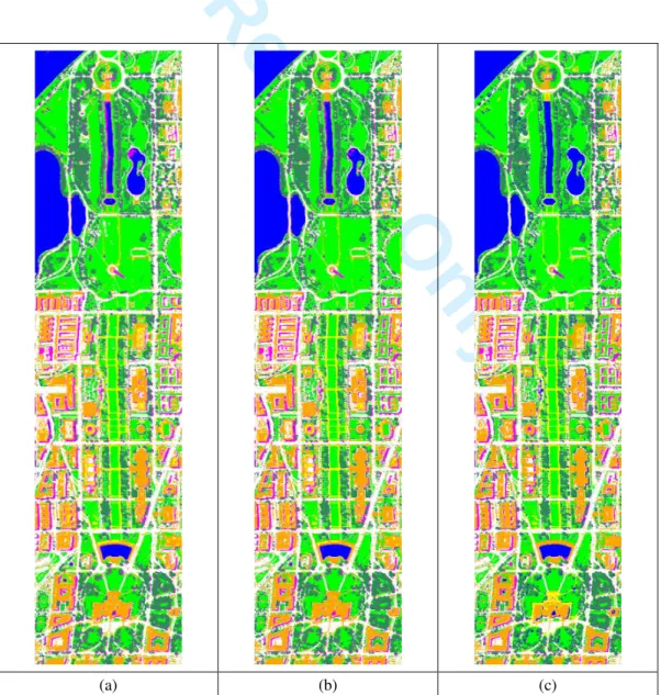Fig. 7. RF classification maps for the DC Mall image: (a) The raw hyperspectral image, (b) DMPs, and (c) GDMPs