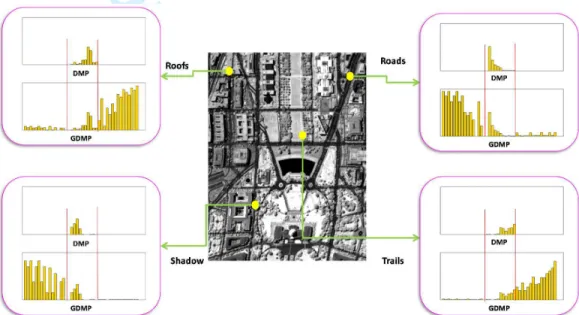 Fig. 3. Comparison between  DMPs and GDMPs for several typical information classes (roofs, roads, trails,  and shadow)