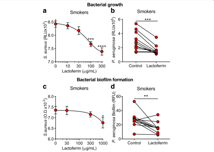 Fig. 5 Lactoferrin supplementation decreases bacterial growth and biofilm development in the human BAL from smokers