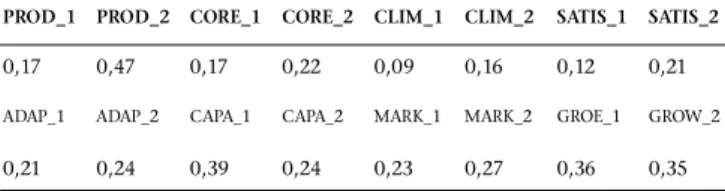 Table 8 seems to suggest possibly two second-order factors with Employee  Satisfaction,  Climate  and  Core  People  Processes loading  on  the  first  higher-order  factor  and  Future  Growth, Market  Standing,  Capacity,  and  Adaptability  loading  on 