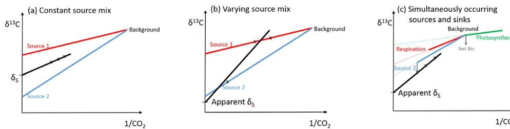 Figure 1. Regression-based determination of source signature using a Keeling plot. For clarity of illustration, we only draw three data pointsthe 5 h (see text for more details)