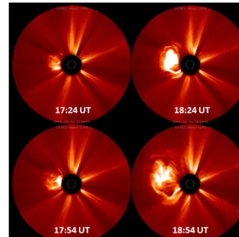 Figure 1. Solar images obtained from the STEREO AheadCOR2 observations at 17:24, 17:54, 18:24, and 18:54 UT on10 March 2012.