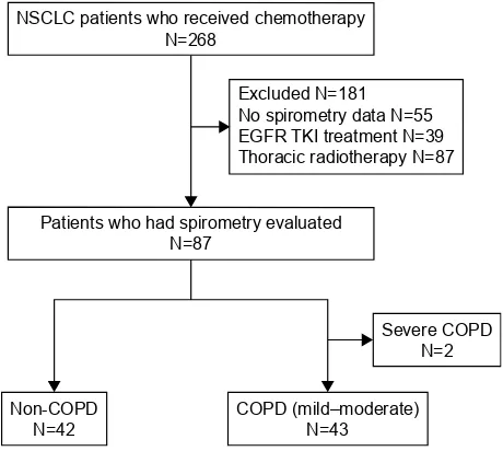 Figure 1 screening and inclusion process for patients in the study.Note: Forty-three patients with COPD and 42 patients without COPD were included in this study.Abbreviations: egFr, epidermal growth factor receptor; nsClC, non-small cell lung cancer; TKI, tyrosine kinase inhibitor.