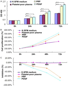 Figure 3. PRP and PDGF promote proliferation of the isolated epidermal stem cells. CCK-8 assay showed that cell number increased significantly after 24 hours of PRP or PDGF addition (A), and the PRP and PDGF works by enhancing cell proliferation (B) and re