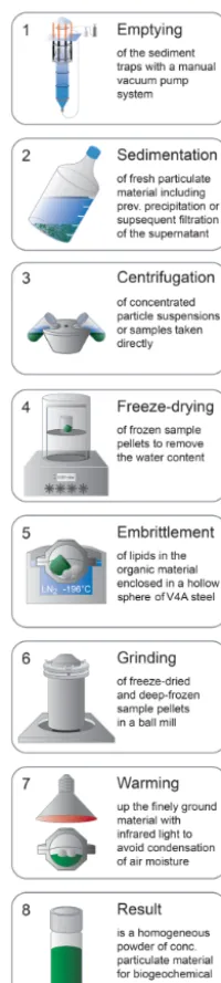 Figure 2. Protocol of mesocosm sediment trap sampling (1), par-ticle concentration (2–3), freeze-drying (4), and grinding (5–8) toconvert heterogeneous sediment trap samples into homogeneouspowder for biogeochemical analysis.