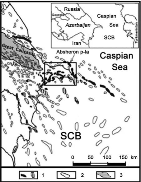 Figure 1. Location of Absheron p-la, Azerbaijan. 1: petro-leum fields; 2: structures; 3: mountains