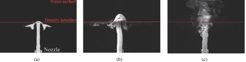Figure 3. Typical behavior of the jet issued into density-stratified fluid (C0 = 0.02, z1 = 40 mm, z2 = 70 mm)