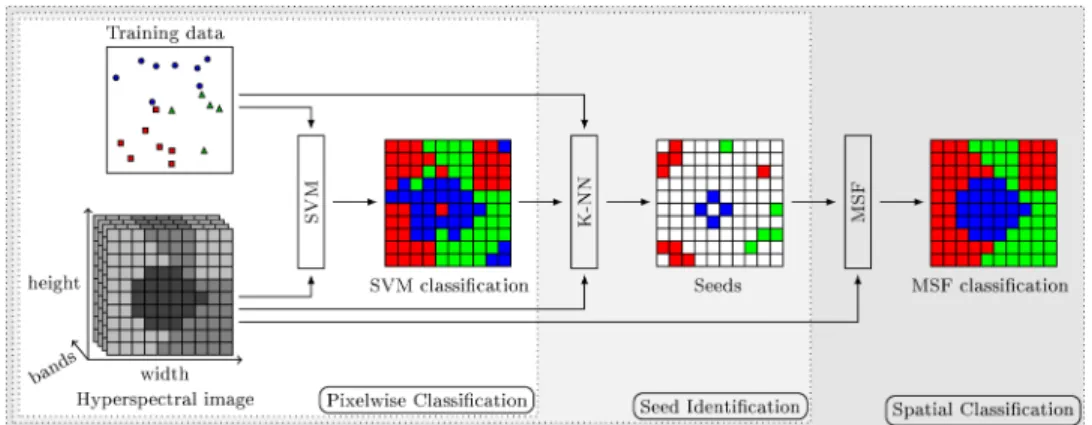 Fig. 1 Overview of the proposed classification method. The first step produces an initial classi- classi-fication through SVM