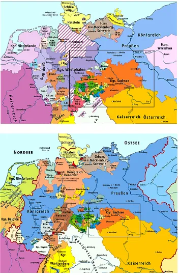 Figure 2. The Kingdom of Saxony in the Confederation of the Rhine 1808 before the territory loss (panel above) and in the German Confederation 1815-1866 (panel below) 