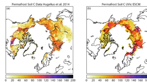 Figure 1. Comparison of the estimated soil carbon density in thetop 3 m of soil in the northern hemispheric permafrost region fromHugelius et al