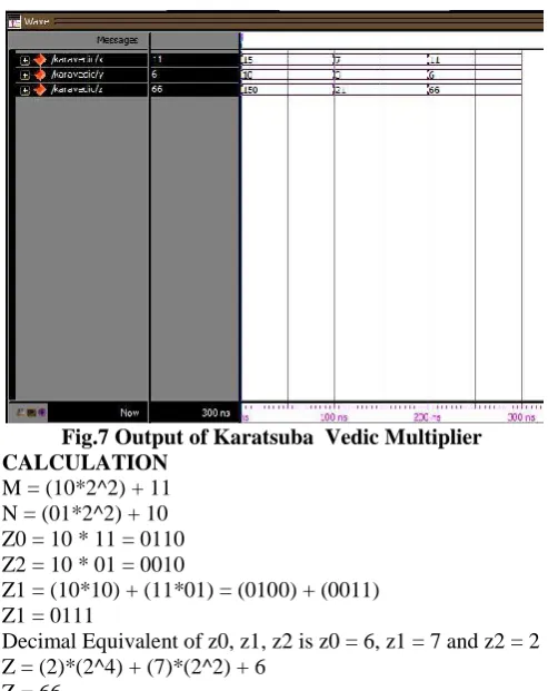 Fig.7 Output of Karatsuba  Vedic Multiplier CALCULATION 