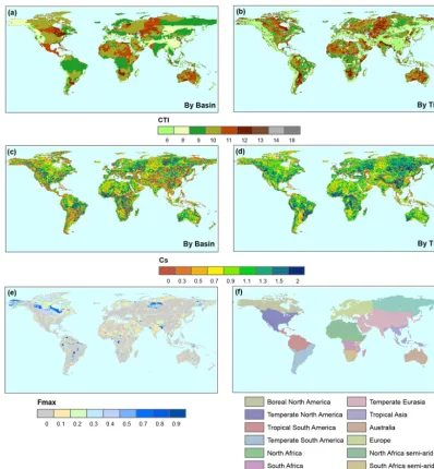 Figure 2. TOPMODEL parameter maps in model experiments. Mean CTIGLWD and GLWD. A map of the regions (a, b) and Cs (c, d) aggregated by river-basin (denoted as “ByBasin”) and grid-cell (denoted as “By Tile”) schemes from HydroSHEDS were listed