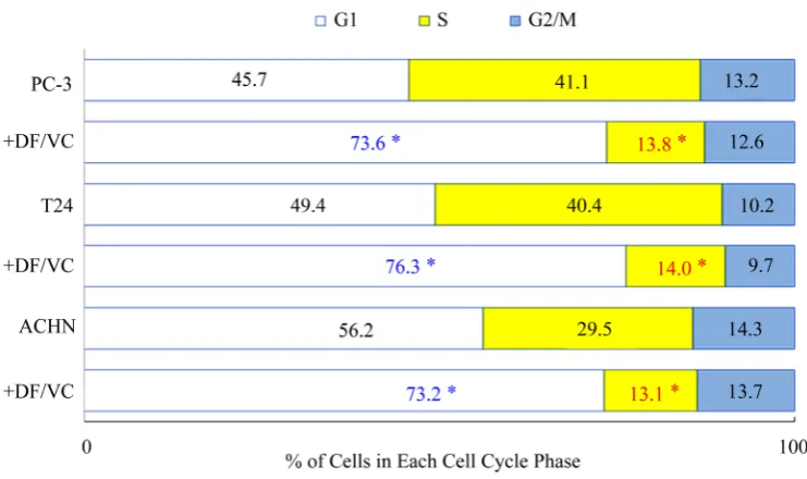 Figure 3. Effects of combinations of drugs and VC or DF and VC on cell viability. PC-3, T24, and ACHN cells were treated with combinations of PTX, CPL, or 5FU and DF, respectively, or with DF/VC combination