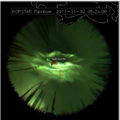 Fig. 8. The meridian scan of auroral intensity as a function of geo-graphic latitude and UT assuming the mapping altitude of 110 km.The IPPs for elevation angles above 30◦ and DPR exceeding4 mm s−1 are superposed.