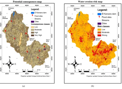 Figure 9. (a) Potential consequences map; (b) Natural erosion risks.                                      