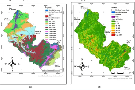 Figure 5. (a) Map of elevations; (b) Spatial distribution factor (LS).                                                       