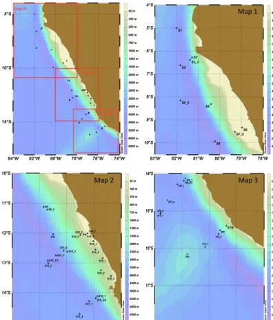 Figure 1. Maps of stations where sampling for the sea-surface microlayer (SML) and underlying seawater (ULW) was conducted during theSOPRAN Meteor 91 cruise along the coastal upwelling area off the coast of Peru in 2012.