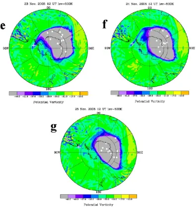 Fig. 1e–f. Same as Fig. 1a–d except that the potential vorticity ﬁelds are taken on (e) 23, (f) 24, and (g) 25 November 2005 at 12:00 UTC.