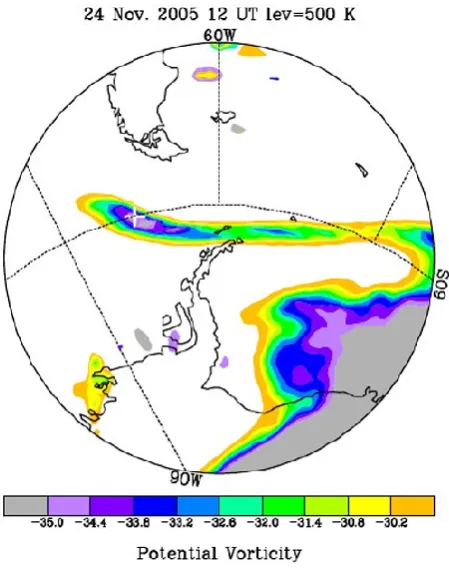 Fig. 4. A zoom for the isentropic potential vorticity distributionfrom ECMWF around the location of the tongue at 500 K on12:00 UTC, 24 November 2005