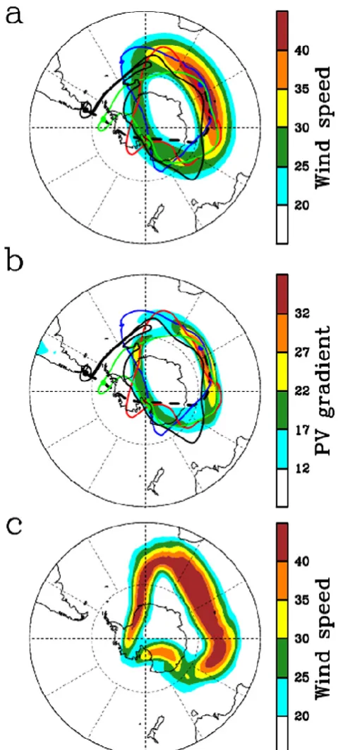 Fig. 6. Distributions of (a) the background wind speed (m s−1) and(b) the background horizontal PV gradient ﬁelds from ECMWF at500 K level, averaged within the period between 19 and 25 Novem-ber 2005