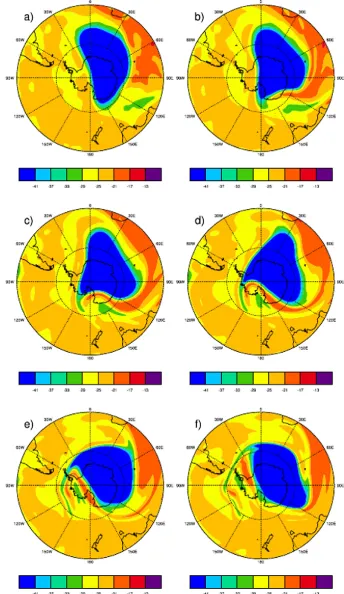 Fig. 7. A sequence for the magnitude of potential vorticity ﬁelds obtained from the 3-D isentropic model simulations at 500 K level on day(a) 19, (b) 20, (c) 21, (d) 22, (e) 23, and (f) 24 November 2005 at 12:00 UTC.