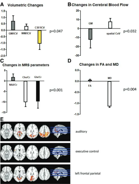 FIGURE 5. Quantitative MRI results. A, Volumetric changes (in %). B, Changes in cerebral blood flow (in %)