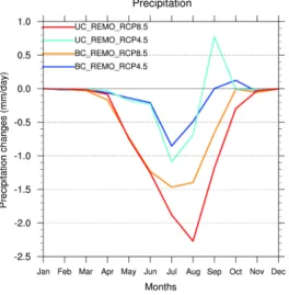 Figure 3. Precipitation biases of bias corrected (a) and uncorrected (b) precipitation