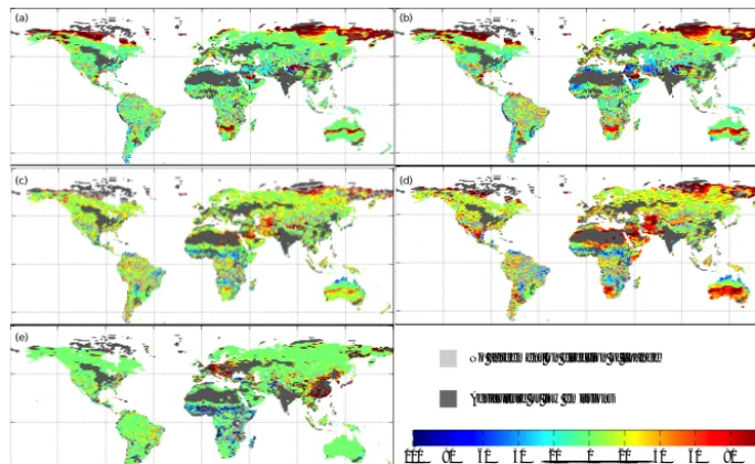 Figure 8. As previous ﬁgure, but for emissions changes due to single driving factors. (a, b) climate effect, (c, d) CO2 effect, (e) populationeffect; (a, c) RCP4.5, (b, d) RCP8.